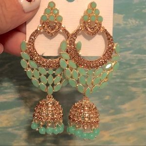 Dangle Earrings Imported from India ~ Green Stones & Gold Rhinestones ~ NEW
